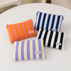 Portable striped canvas cosmetic bag set multi-color zipper makeup organizer pouch for travel