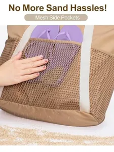 Women mesh beach tote bag casual pool travel bag with side pockets and sand leakage design