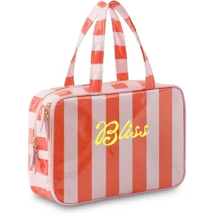 Pink and red striped PVC cosmetic bag large capacity portable travel toiletry storage bag