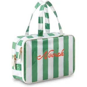Green and white striped PVC cosmetic bag, waterproof travel organizer and portable toiletry pouch.