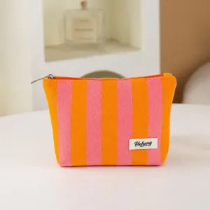 Orange and pink striped makeup bag, stylish contrast cosmetic pouch for women