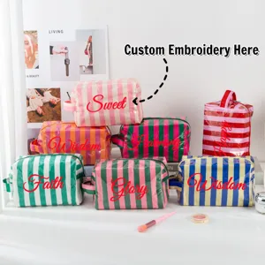 Waterproof PVC Cosmetic Bag Striped Travel Toiletry Pouch Portable Zipper Makeup Storage Bag For Women