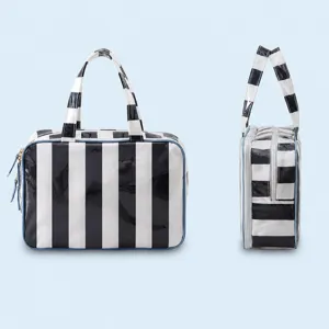 Striped PVC cosmetic bag large capacity portable travel toiletry bag with clear sizes.