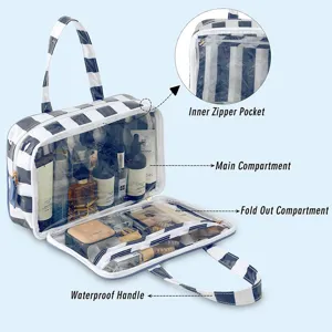 Large capacity clear striped cosmetic bag waterproof travel toiletry organizer for women.