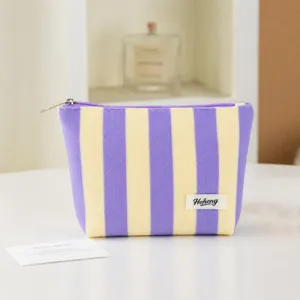 Purple yellow striped cosmetic bag stylish colorblock pouch daily makeup organizer cute purse