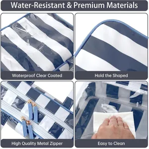 Blue and white striped transparent PVC cosmetic bag, waterproof travel toiletry bag detail view.