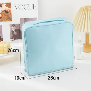 Stand-up cosmetic bag with large capacity, portable travel storage organizer for daily use.