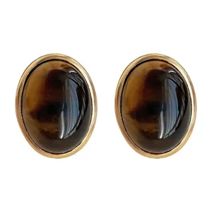 Elegante vergoldete ovale braune Stein Ohrclips für Damen ohne durchstochene Ohren