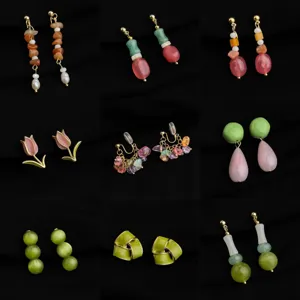 Chic 18K gold plated clip-on earrings set featuring colorful stones and pearls for women.