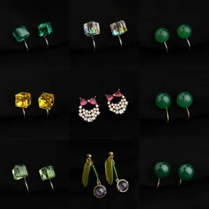 Clip-on earrings non pierced set, elegant square crystal and round bead geometric design.
