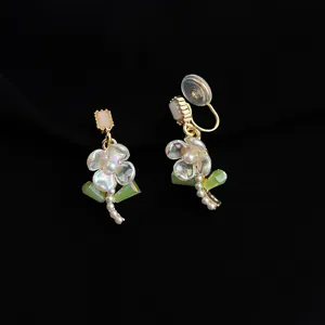 18K Gold Plated Flower Clip-On Earrings Pearl Green Crystal Non-Pierced Jewelry