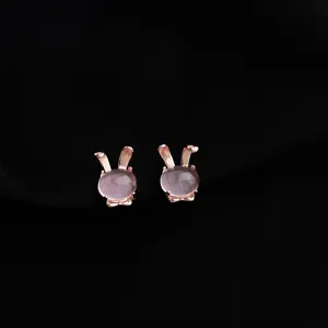 Rose gold pink crystal rabbit clip-on earrings, cute non-pierced gemstone ear jewelry.