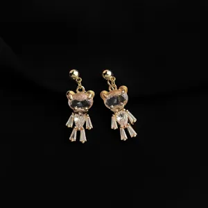 Detailed shot of gold-plated crystal teddy bear clip-on earrings, exquisite and elegant.
