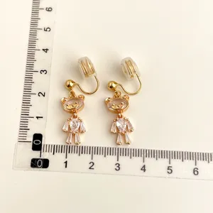 Gold-plated crystal bear clip-on earrings for non-pierced ears, cute size detail view.