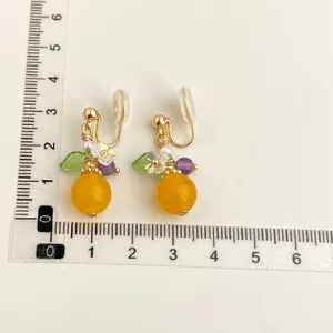Gold plated orange fruit drop clip on earrings, stylish handmade jewelry for non pierced ears.
