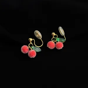 18K Gold Plated Cherry Clip On Earrings Cute Red Berry Non Pierced Ear Ornaments Jewelry