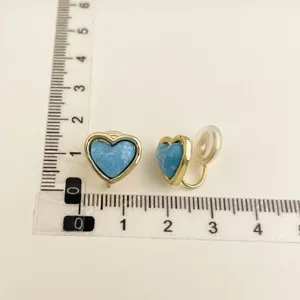 Blue heart clip-on earrings with gold rim, elegant non-pierced daily ear jewelry.