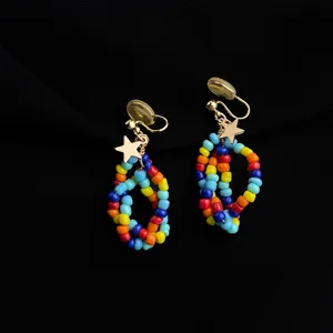 Colorful beaded clip earrings detail close-up showcasing vibrant multi-color beads and cute star.