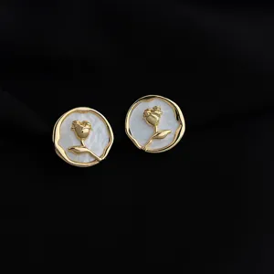 Elegant 18K gold-plated white shell rose earrings, chic clip-on design for non-pierced ears.