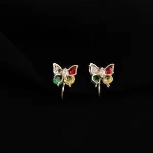 Gold plated butterfly clip-on earrings with colorful cubic zirconia for women detailed view.