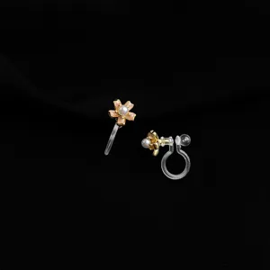 Exquisite flower clip-on earrings detail, gold plated pink enamel pearl non-pierced