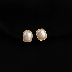Gold plated square clip on earrings with pearlized stone, elegant jewelry for women daily commute.