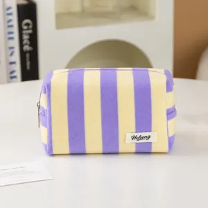 Borsa cosmetica a righe viola giallo trousse in spugna borsa per trucco carina