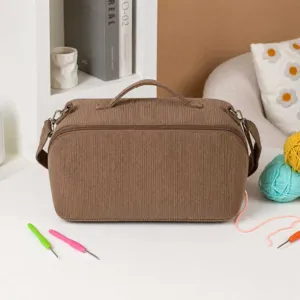 Braune Cord-Garnaufbewahrungstasche, große tragbare Stricktasche für Häkelnadeln und DIY.