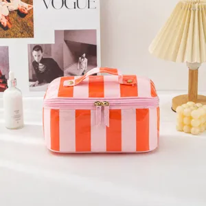 Stylish pink orange striped PVC cosmetic bag large capacity makeup storage travel pouch