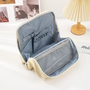 Large capacity cosmetic bag with multiple compartments, travel makeup organizer, portable storage case.
