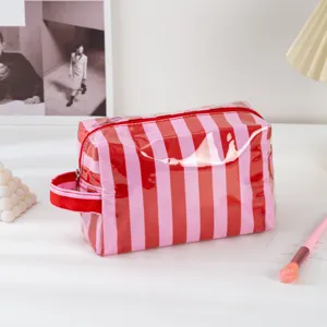 Pink red striped PVC makeup bag waterproof cosmetic organizer travel toiletry bag with zipper