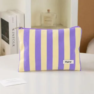 Purple yellow striped cosmetic bag portable zipper makeup pouch daily travel toiletry storage