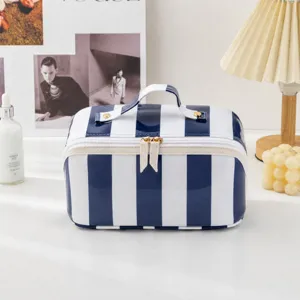 Blue and white striped PVC cosmetic bag large capacity travel makeup pouch stylish toiletry organizer