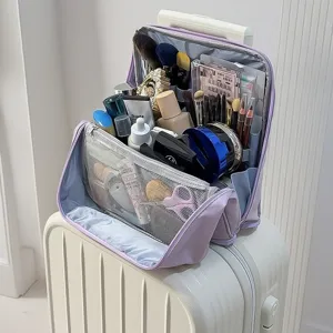 Standing makeup bag large capacity travel cosmetic organizer with multi-compartments for women