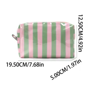 Detailed view of the waterproof PVC striped cosmetic bag, showing exact dimensions and zipper.
