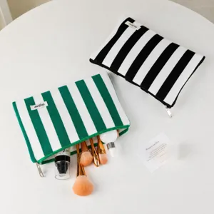 Striped canvas cosmetic bag travel makeup pouch zipper organizer set for daily use.