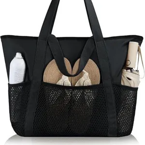 Women black mesh beach tote bag with large capacity and multi pockets for travel swimming pool.