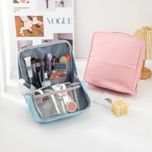 Large Capacity Portable Cosmetic Bag Waterproof Leather Makeup Organizer Standing Toiletry Bag For Travel