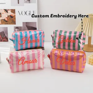 New PVC Striped Cosmetic Bag Waterproof Travel Toiletry Wash Bag Zipper Makeup Storage Organizer Pouch Daily Use