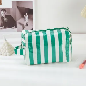 Green and white striped clear PVC makeup bag cosmetic travel toiletry pouch with zipper