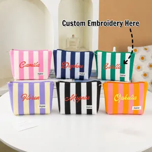 Women Fashion Striped Makeup Bag Multifunctional Large Capacity Canvas Toiletry Pouch Portable Cosmetic Organizer Handbag