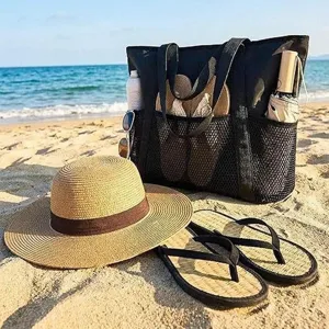 Women mesh beach tote bag casual large capacity travel pool handbag with front pockets.