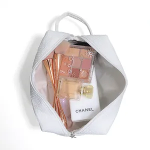 White waffle cosmetic bag travel portable makeup pouch stylish toiletry organizer storage bag.