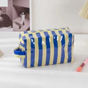 Waterproof PVC Striped Cosmetic Bag Zipper Toiletry Travel Storage Organizer Pouch