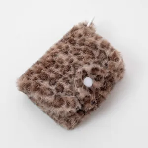 Fluffy leopard print wallet card holder earphone pouch cute plush snap closure bag for kids