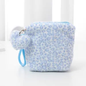 Cute blue leopard print plush cosmetic bag with heart charm, portable makeup storage pouch.