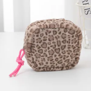 Plush Leopard Print Coin Purse Cute Pink Knot Zipper Cosmetic Bag Portable Storage