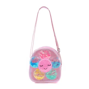 Cute pink floral kids crossbody bag with glitter sequins clear PVC shoulder bag for girls