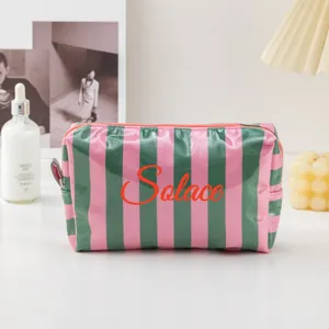 Waterproof striped PVC cosmetic bag with zipper for travel toiletry storage case