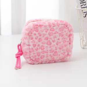 Pink plush leopard print coin purse cute fluffy cosmetic bag soft storage zipper pouch